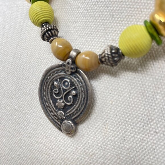 Beaded‎ Silver Pendant Necklace Green Gold Murano Glass Beaded - Picture 12 of 15